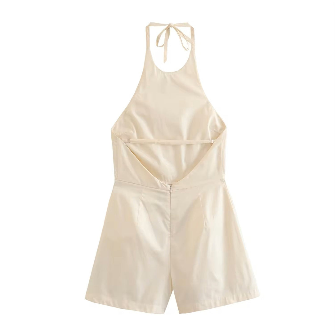 Caspian Beige Back Hollow Out Sleeveless Front Pockets Mini Jumpsuit