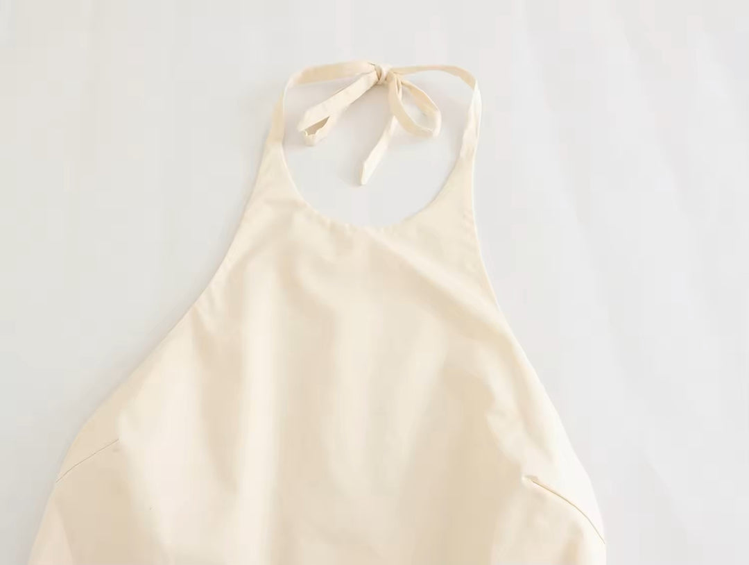 Caspian Beige Back Hollow Out Sleeveless Front Pockets Mini Jumpsuit