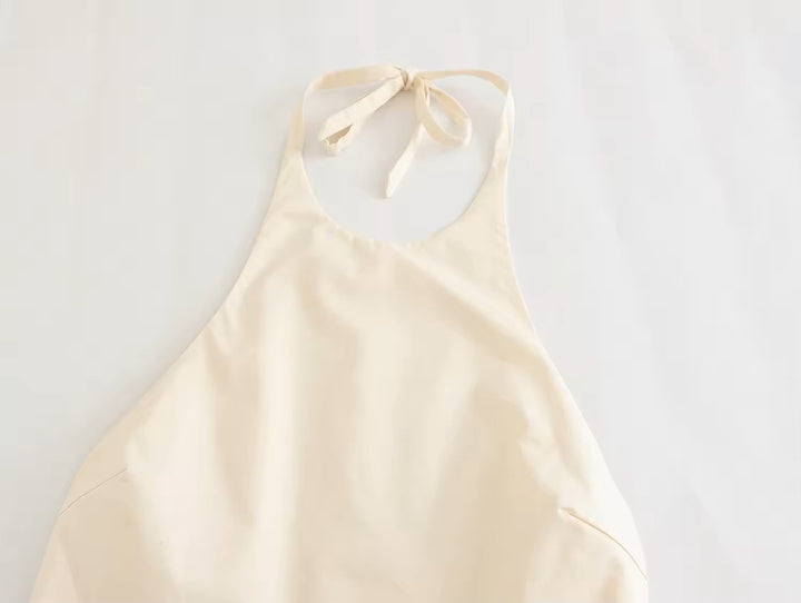 Caspian Beige Back Hollow Out Sleeveless Front Pockets Mini Jumpsuit