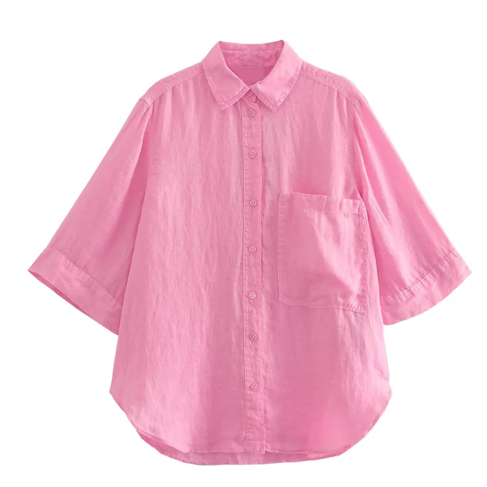 Remi Pink Turn Down Collar Buttons Up Short Sleeveles Top