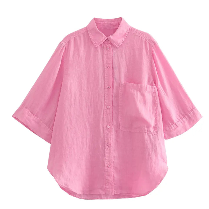 Remi Pink Turn Down Collar Buttons Up Short Sleeveles Top