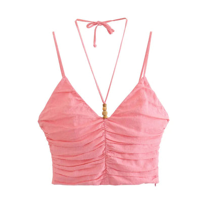 Kaithy Pink Halter Double Beaded Strap Pleated Sleeveless Crop Top