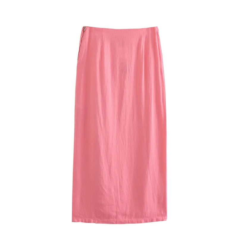 Kohen Pink Zipper Fly Ruffle Side Slit Midi Skirt