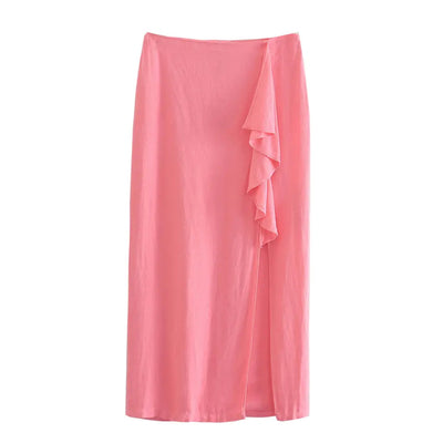 Kohen Pink Zipper Fly Ruffle Side Slit Midi Skirt
