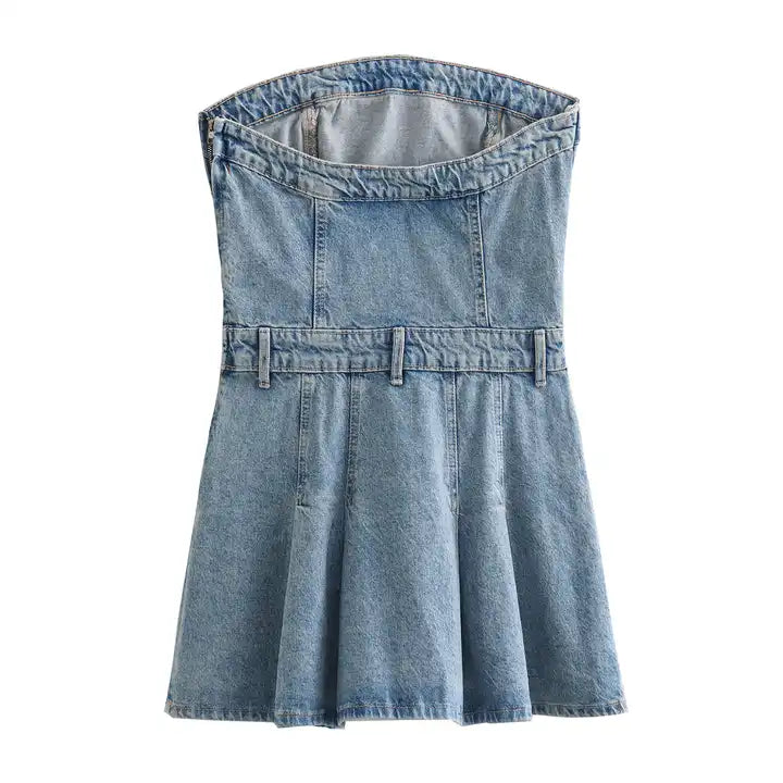 Ulah Light Blue Denim Pleated with Side Zipper and Pockets Tube Mini Dress