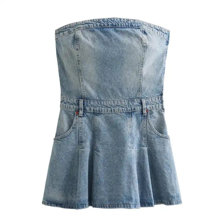 Ulah Light Blue Denim Pleated with Side Zipper and Pockets Tube Mini Dress