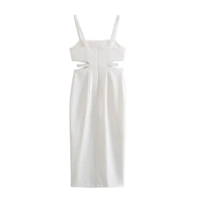 Clariette White Square Neck Wasit Cut Front Slit Back Zipper Sleeveless Midi Dress