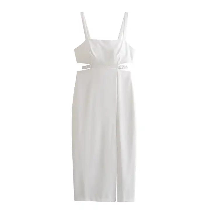 Clariette White Square Neck Wasit Cut Front Slit Back Zipper Sleeveless Midi Dress