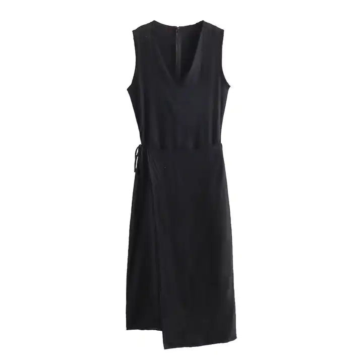 Jumily Black V Neck Overlap Back Zipper Sleeveless Maxi Dress
