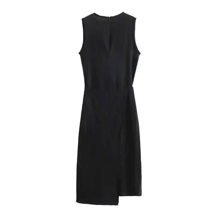 Jumily Black V Neck Overlap Back Zipper Sleeveless Maxi Dress