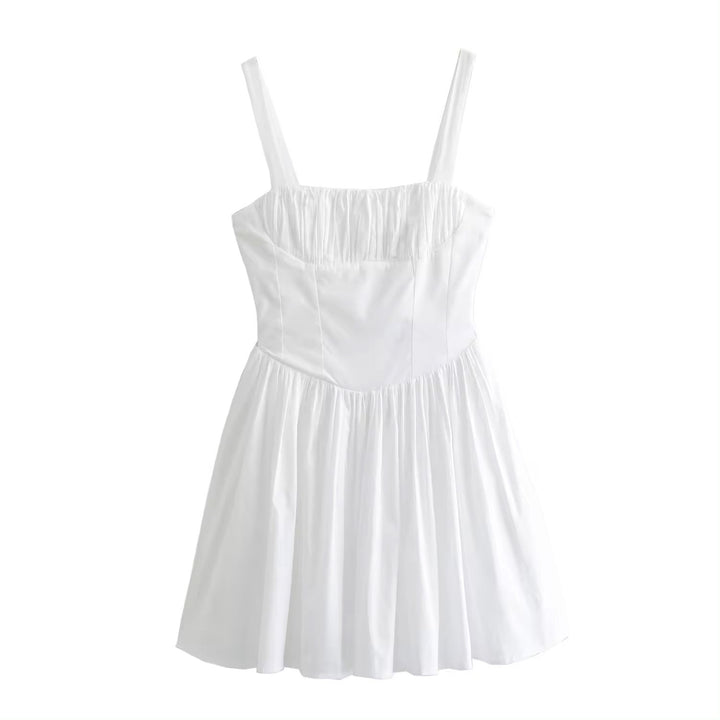 Quirina White Shoulder Strap  Pleated Mini Dress