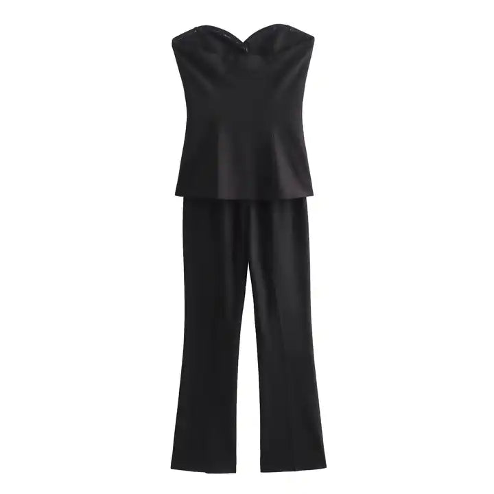 Kaoru Black Sweetheart Neckline Buttons Up Full Length Jumpsuit