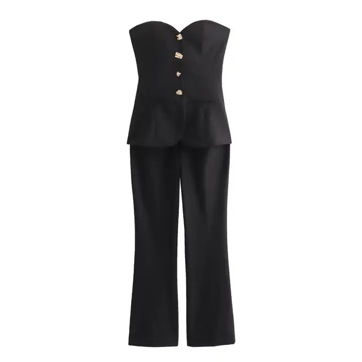 Kaoru Black Sweetheart Neckline Buttons Up Full Length Jumpsuit