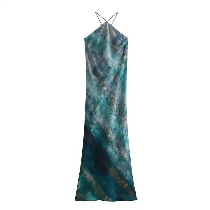 Serina Blue Multi Color Tie Dye Sleeveless Satin Sexy Back Halter Self Tie Strap Maxi Dress