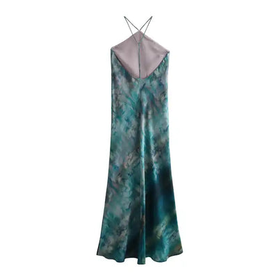 Serina Blue Multi Color Tie Dye Sleeveless Satin Sexy Back Halter Self Tie Strap Maxi Dress