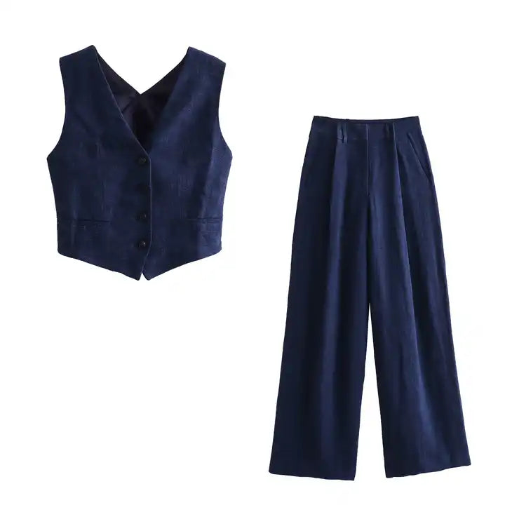Kira Navy Blue Zipper Fly Pleated Wide Leg Trouser with Side Pockets