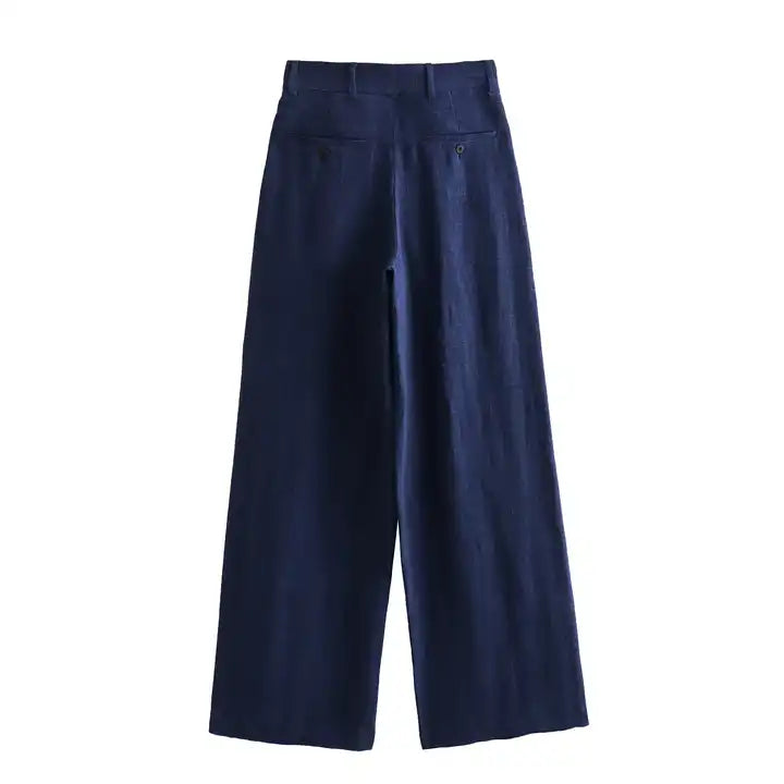Kira Navy Blue Zipper Fly Pleated Wide Leg Trouser with Side Pockets