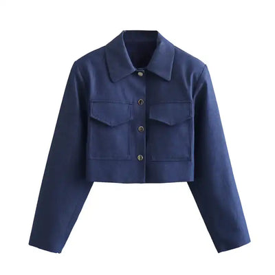 Rhodes Blue Turn Down Collar Buttons Up Front Pocket Long Sleeves Top
