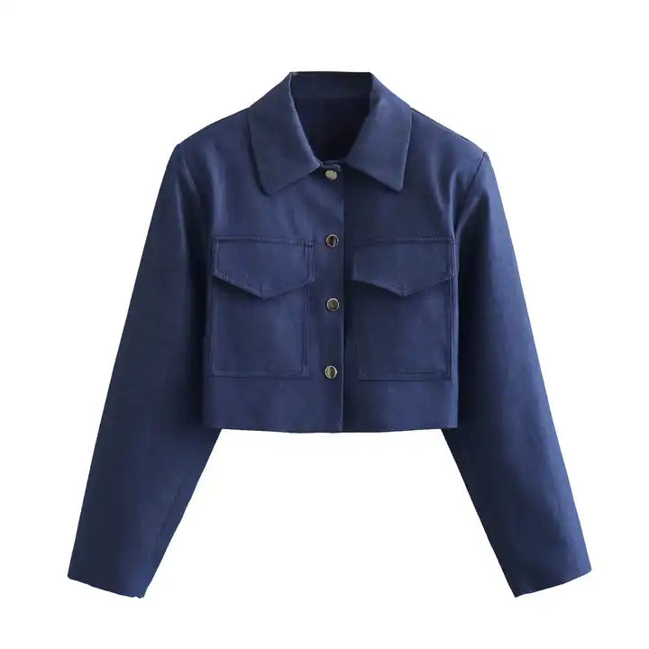 Rhodes Blue Turn Down Collar Buttons Up Front Pocket Long Sleeves Top