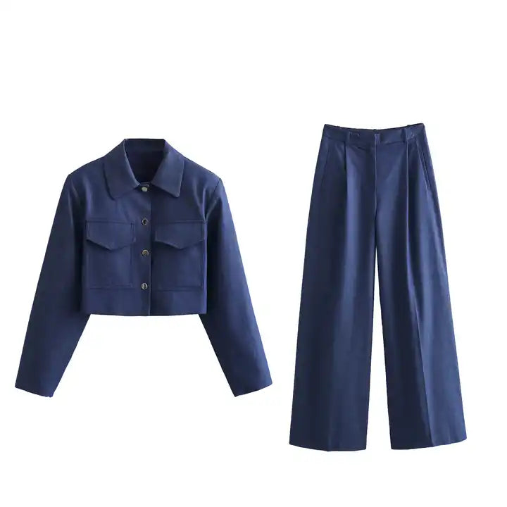 Ryland Blue Zipper Fly Pleated Wide Leg Trouser