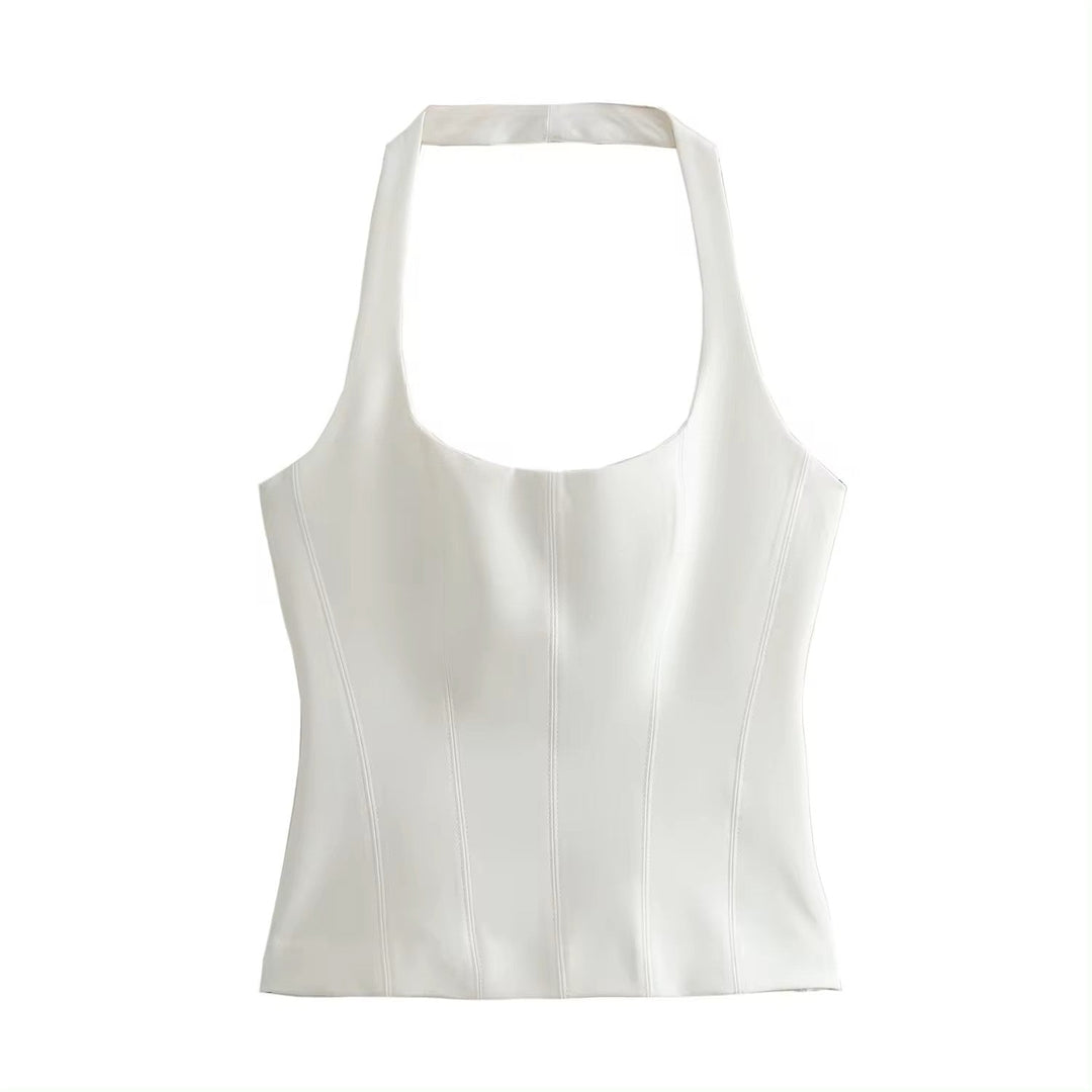 Fawn White Back Hollow Out Halter Crop Tank top