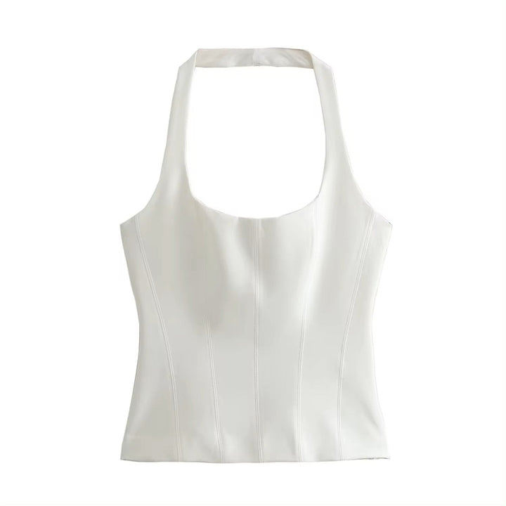 Fawn White Back Hollow Out Halter Crop Tank top