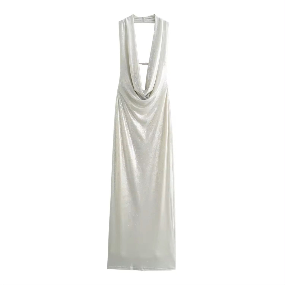 Valva Platinum Back Hollow Out Sleeveless Halter Midi Dress