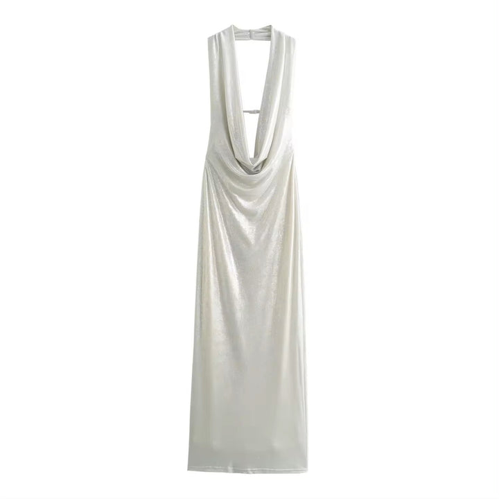 Valva Platinum Back Hollow Out Sleeveless Halter Midi Dress