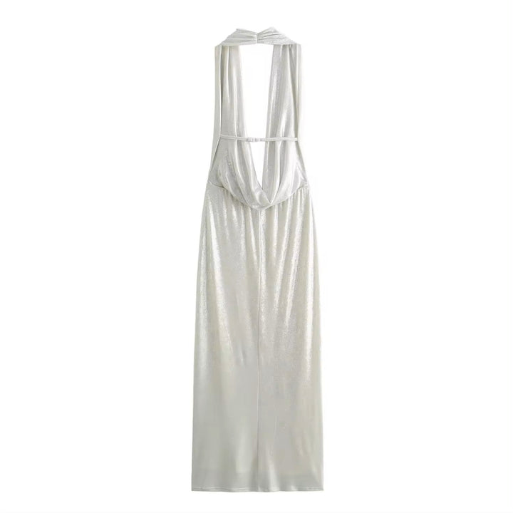 Valva Platinum Back Hollow Out Sleeveless Halter Midi Dress
