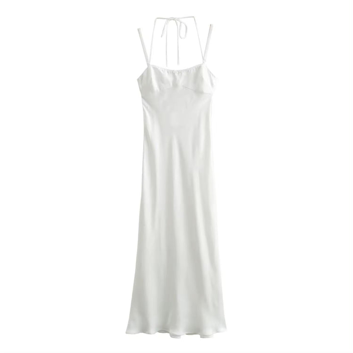 Bristley Beige Back Hollow Out  Silky Midi Dress