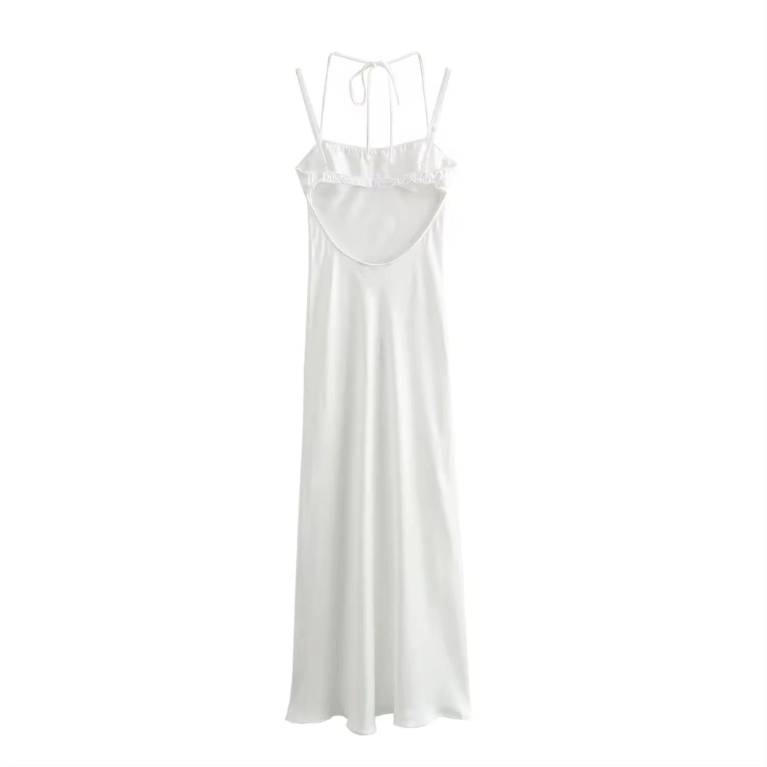 Bristley Beige Back Hollow Out  Silky Midi Dress