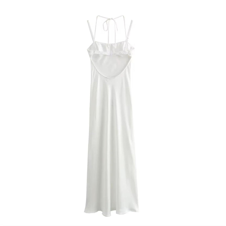 Bristley Beige Back Hollow Out  Silky Midi Dress