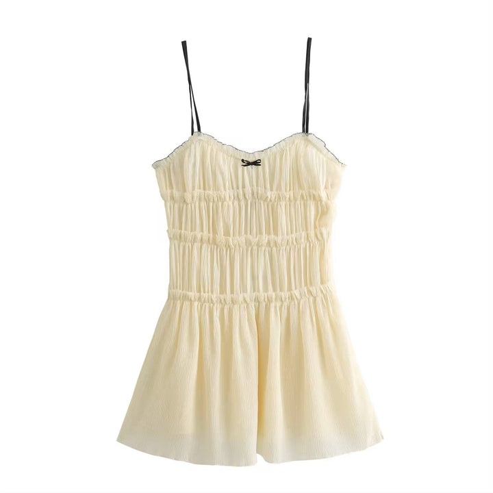 Zandra Beige Smocked Pleated  Mini Dress
