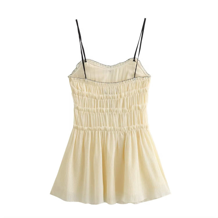 Zandra Beige Smocked Pleated  Mini Dress