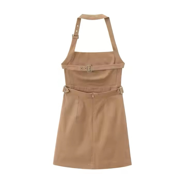 Molly Khaki Front Slit Belted Strap Halter Mini Dress