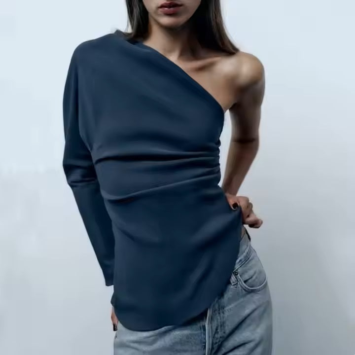 Journee Teal Asymmetrical Long Sleeve Side Pleated Top