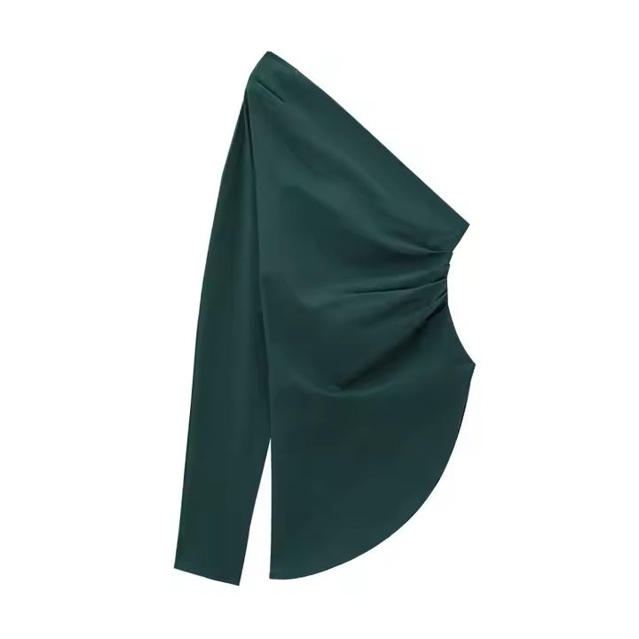 Journee Green Asymmetrical Long Sleeve Side Pleated Top