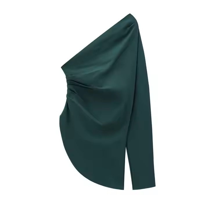 Journee Green Asymmetrical Long Sleeve Side Pleated Top