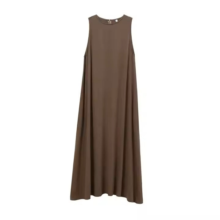 Mitra Brown Crew Neck Zipper Fly Maxi Dress