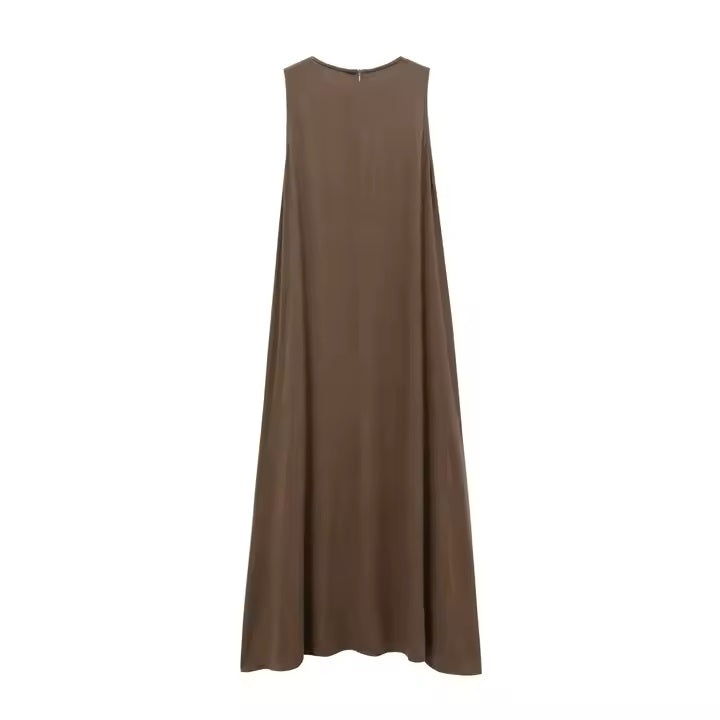 Mitra Brown Crew Neck Zipper Fly Maxi Dress