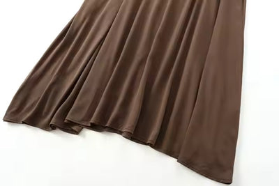 Mitra Brown Crew Neck Zipper Fly Maxi Dress