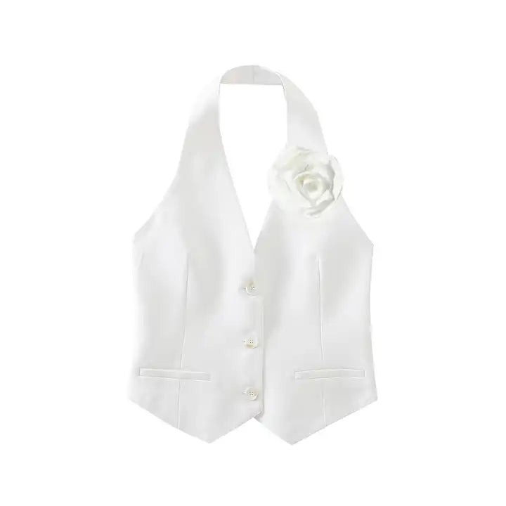 Calli White Halter with Flower Detail Hallow Out Back Sleeveless Casual Vest Top