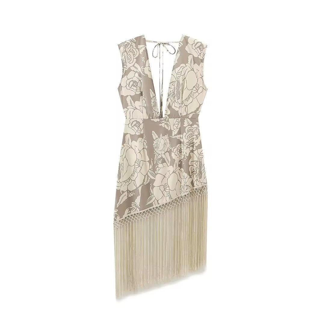Coachella Nude Floral Print Bottom Tassel Mini Dress