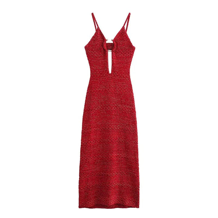 Marcella Crimson Red Deep V Opening Buckle Knitted Sling Midi Dress