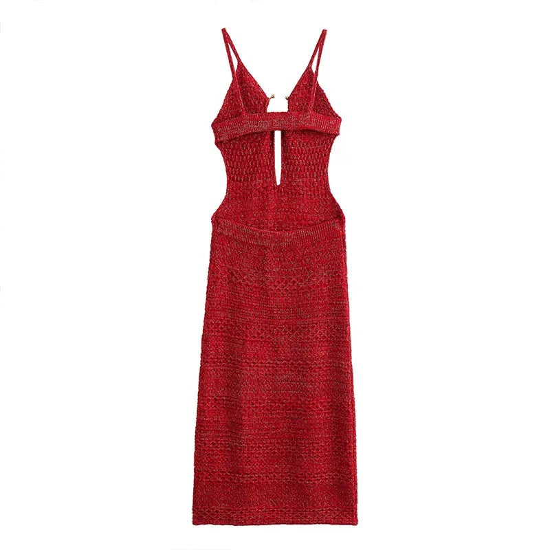 Marcella Crimson Red Deep V Opening Buckle Knitted Sling Midi Dress