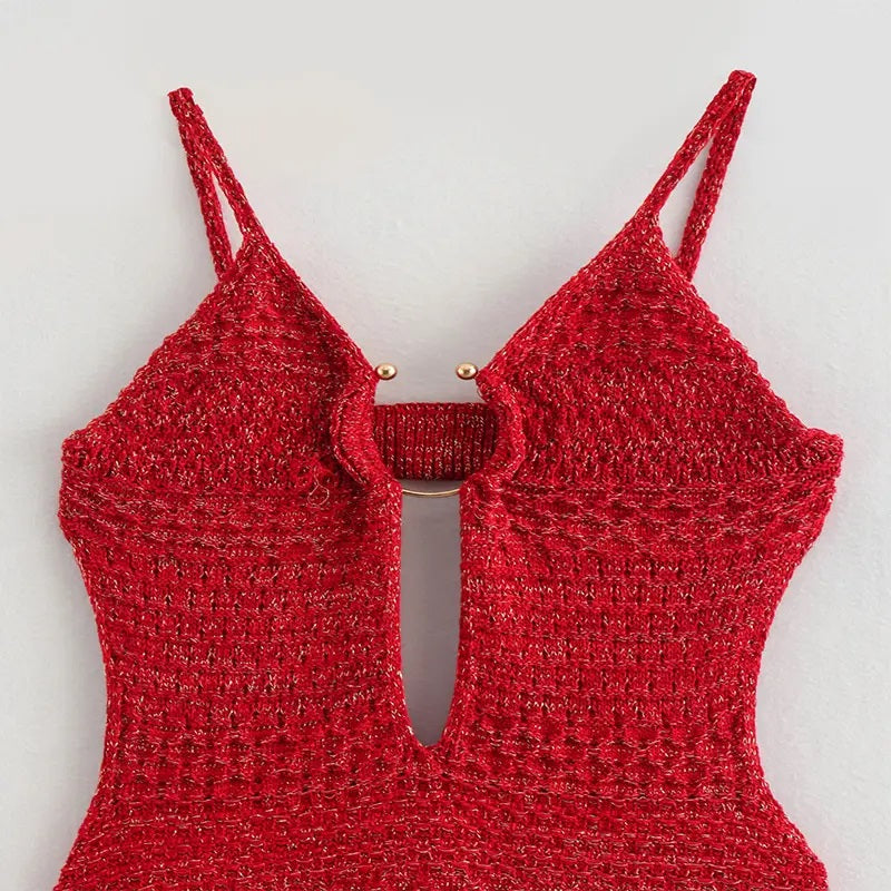 Marcella Crimson Red Deep V Opening Buckle Knitted Sling Midi Dress