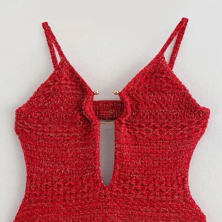 Marcella Crimson Red Deep V Opening Buckle Knitted Sling Midi Dress