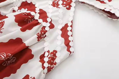 Twixx Red White Floral Print Deep V Collar Side Hollow Out Mini Dress