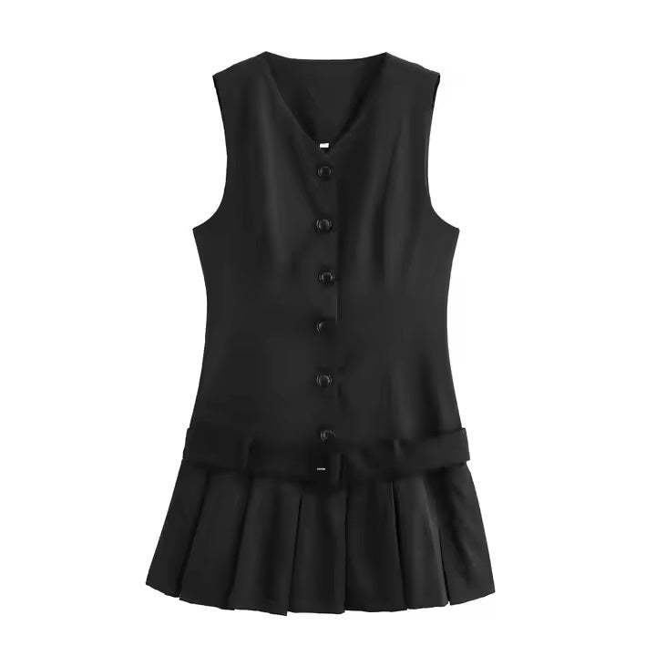Campbell Black Belted Wide Pleated Mini Dress
