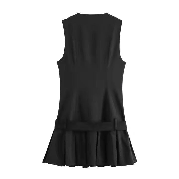 Campbell Black Belted Wide Pleated Mini Dress